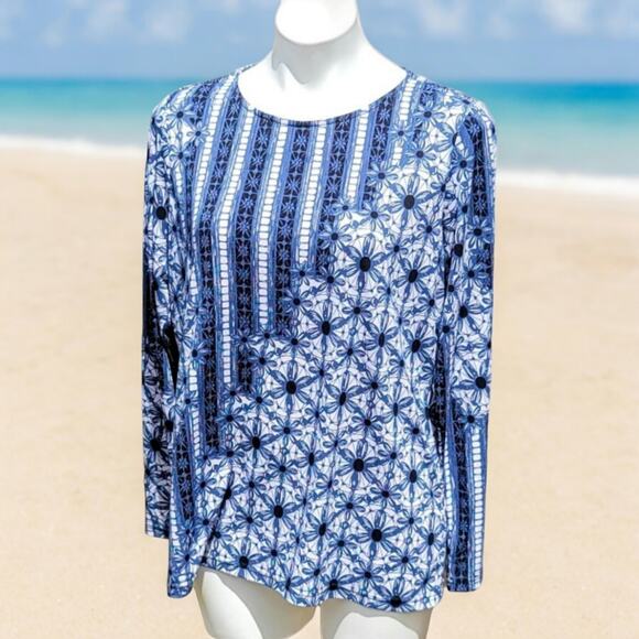 Bob Mackie Wearable Art blue daisy chain diagonal contrast tunic size M - Picture 8 of 8